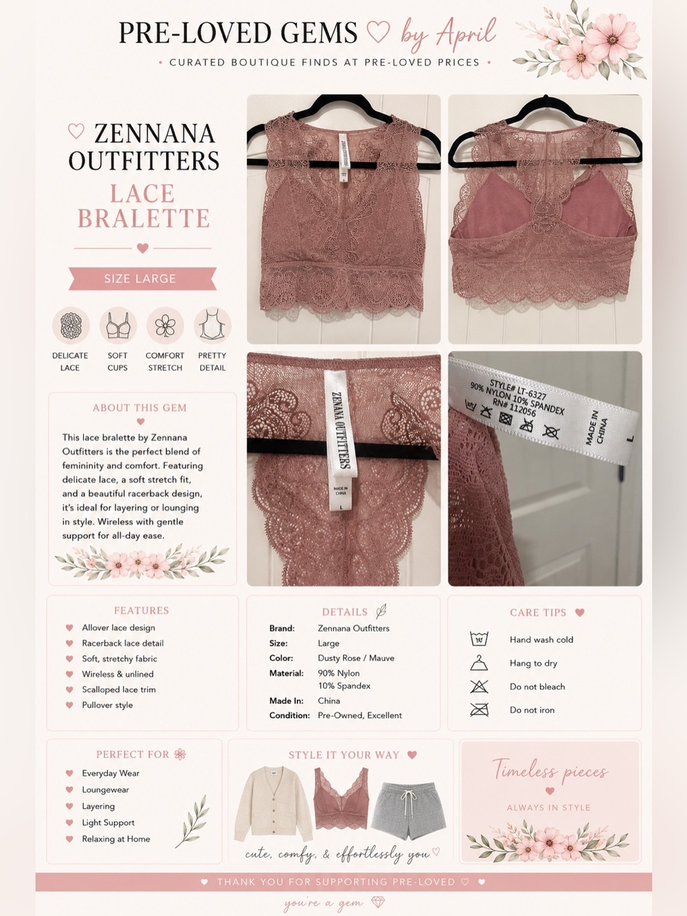 Zenana Outfitters Dusty Pink Scalloped Floral Lace Bralette Size Large L